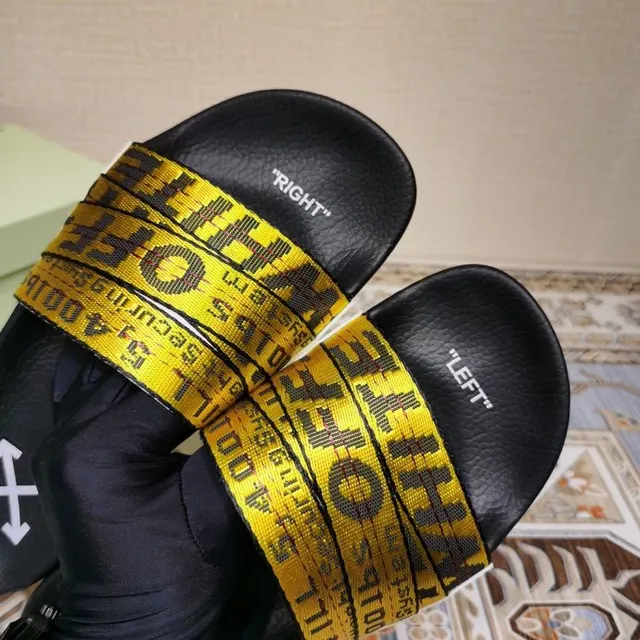 Off-White Slide Preto e Amarelo Alça Industrial Sandálias 9