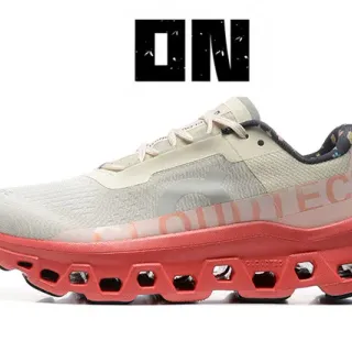 On Cloudmonster Beige Rojo Parte superior de malla Engineered Boca abierta Hexagonal CloudTec Suela Intermedia Zapatillas de running