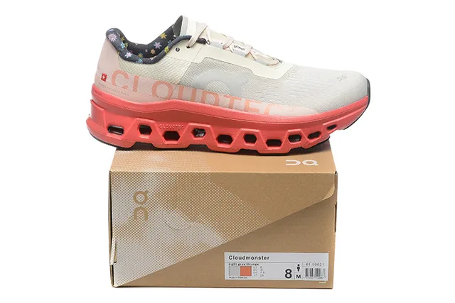 On Cloudmonster Beige Red Engineered Mesh Upper Open Hexagonal CloudTec Midsole Running Shoes 2