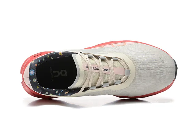 On Cloudmonster Beige Red Engineered Mesh Upper Open Hexagonal CloudTec Midsole Running Shoes 3