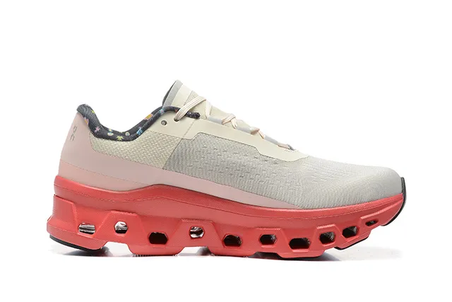On Cloudmonster Beige Red Engineered Mesh Upper Open Hexagonal CloudTec Midsole Running Shoes 4