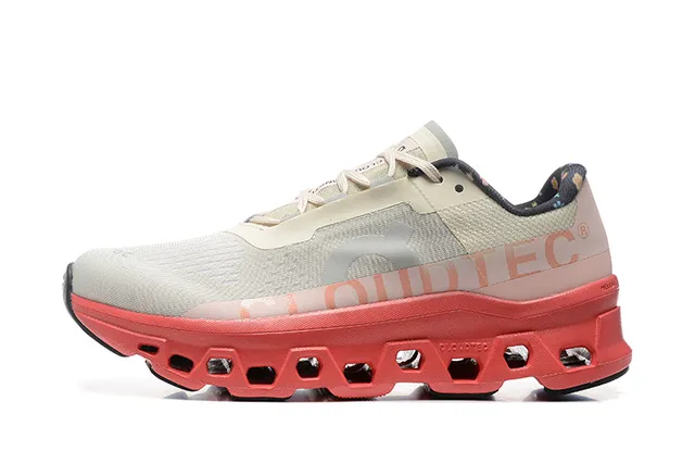 On Cloudmonster Beige Red Engineered Mesh Upper Open Hexagonal CloudTec Midsole Running Shoes 5