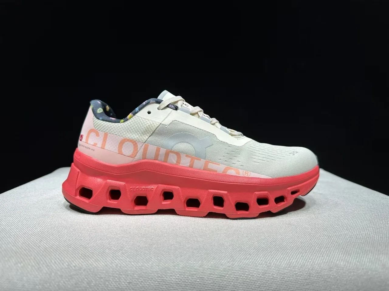 On Cloudmonster Beige Red Engineered Mesh Upper Open Hexagonal CloudTec Midsole Running Shoes 6