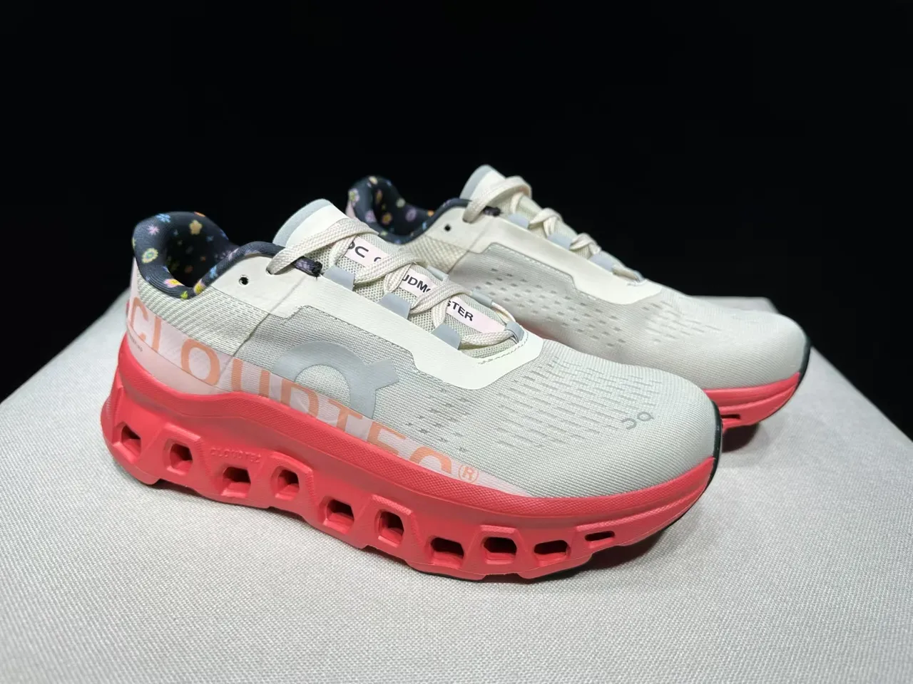 On Cloudmonster Beige Red Engineered Mesh Upper Open Hexagonal CloudTec Midsole Running Shoes 7