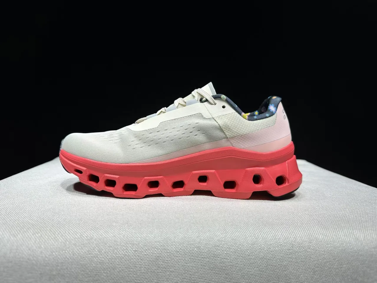 On Cloudmonster Beige Red Engineered Mesh Upper Open Hexagonal CloudTec Midsole Running Shoes 11