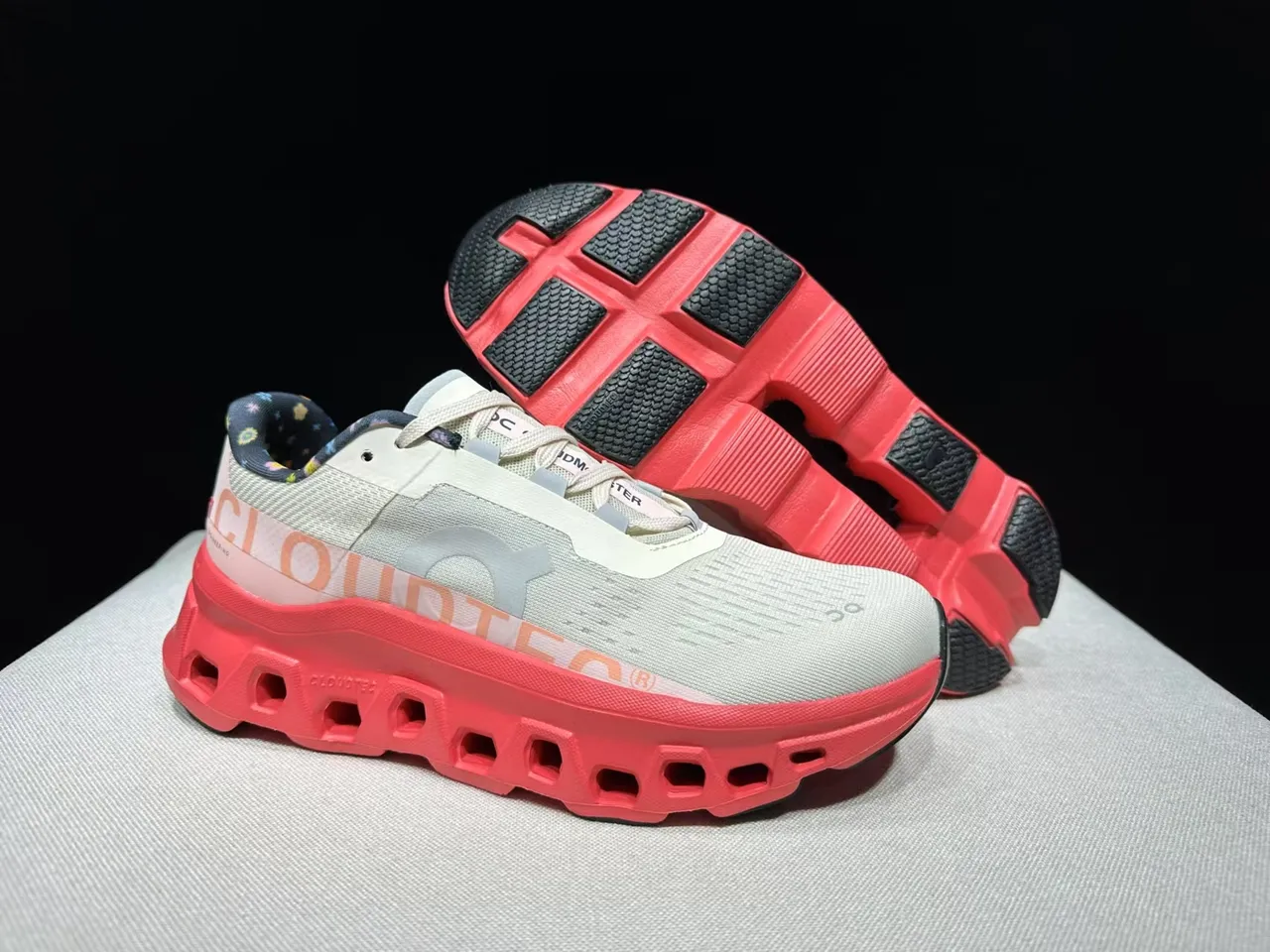 On Cloudmonster Beige Red Engineered Mesh Upper Open Hexagonal CloudTec Midsole Running Shoes 12