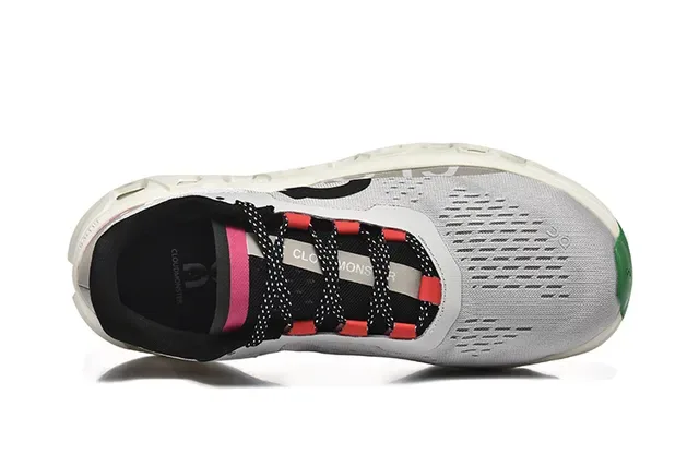 On Cloudmonster Gray Magenta Green Running Shoes 2