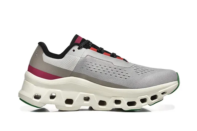 On Cloudmonster Gray Magenta Green Running Shoes 3