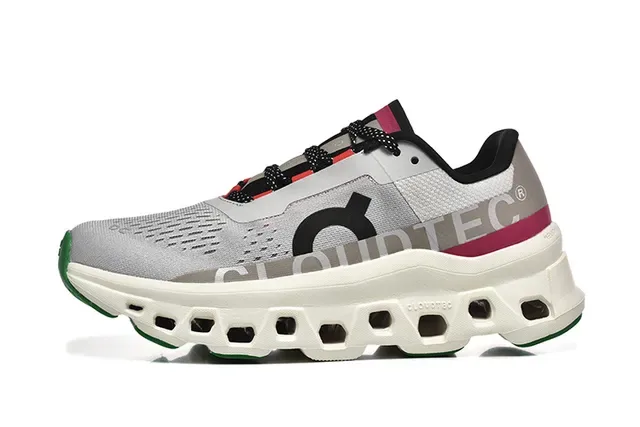 On Cloudmonster Gray Magenta Green Running Shoes 4