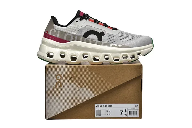 On Cloudmonster Gray Magenta Green Running Shoes 5