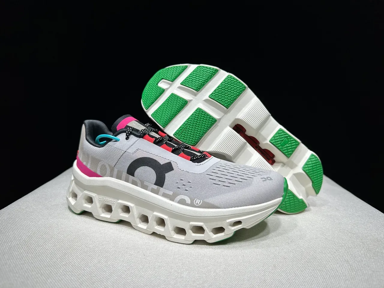 On Cloudmonster Gray Magenta Green Running Shoes 6