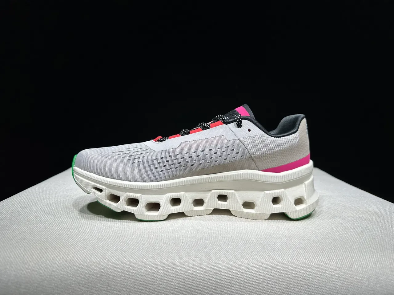 On Cloudmonster Gray Magenta Green Running Shoes 8