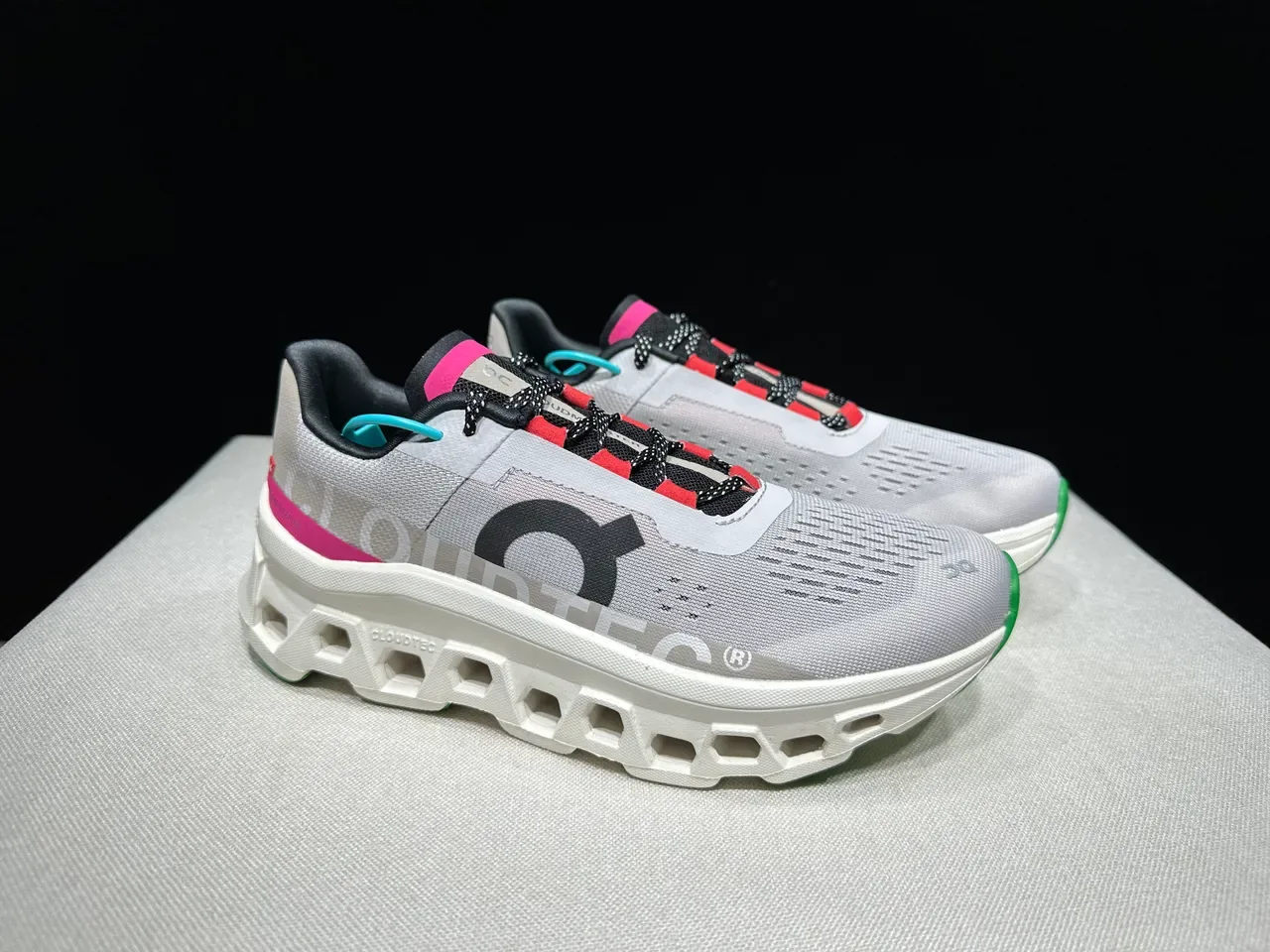 On Cloudmonster Gray Magenta Green Running Shoes 9