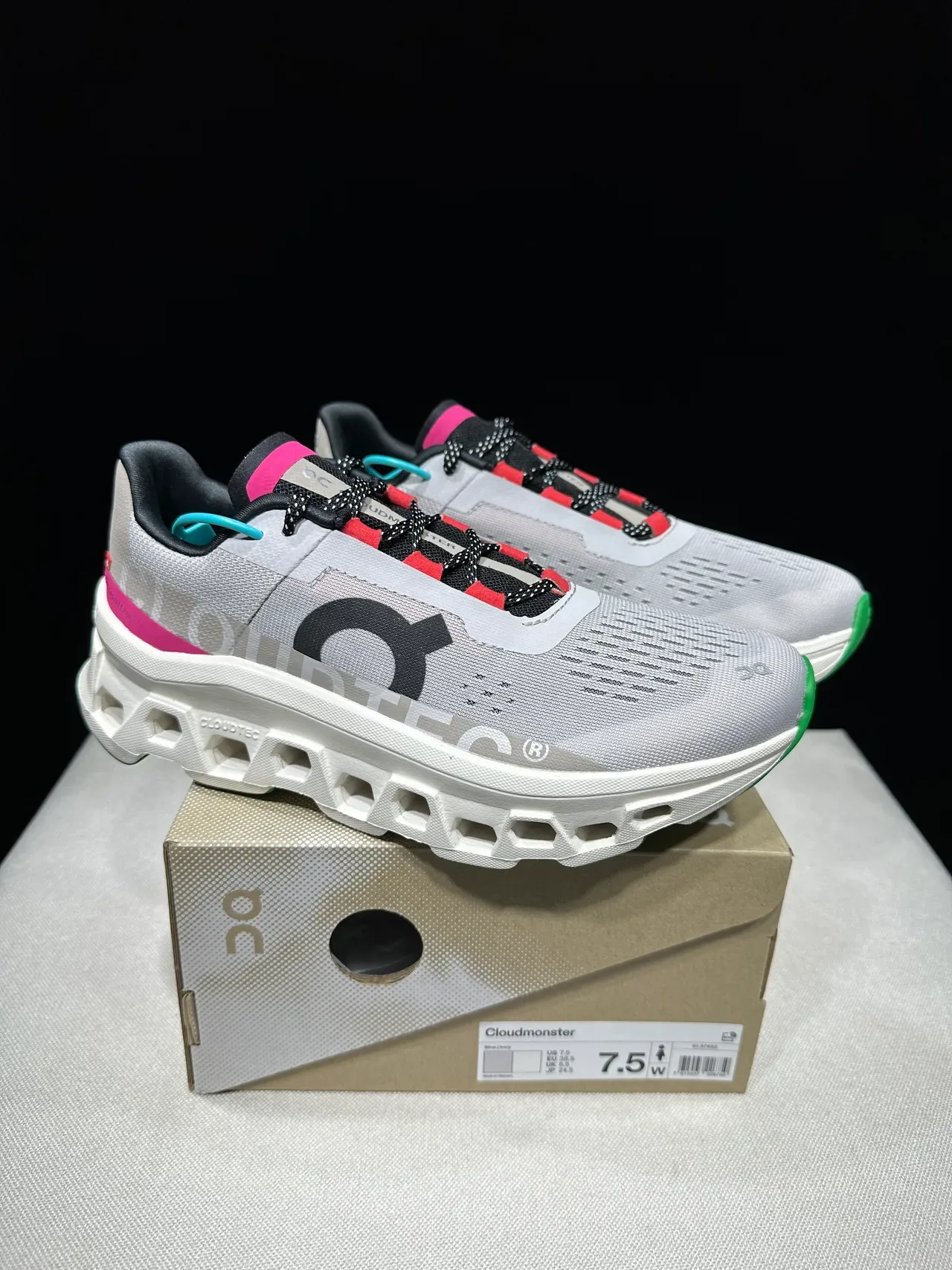 On Cloudmonster Gray Magenta Green Running Shoes 11