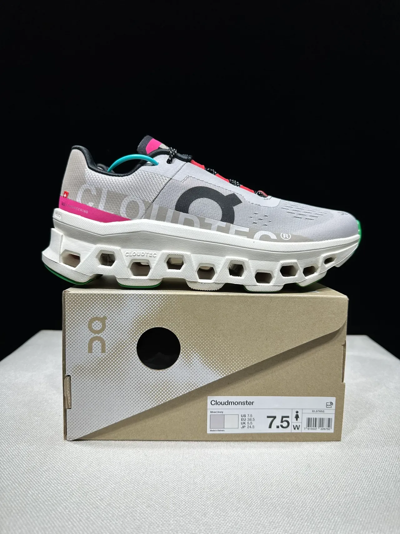 On Cloudmonster Gray Magenta Green Running Shoes 12