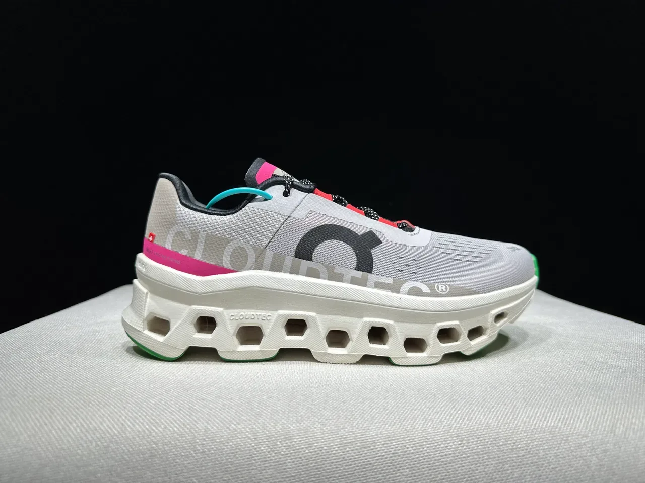On Cloudmonster Gray Magenta Green Running Shoes 13