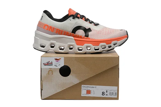 On Cloudmonster Gris Naranja Parte superior de malla ingenierizada Hexagonal CloudTec Pod Midsole Zapatillas de correr 2