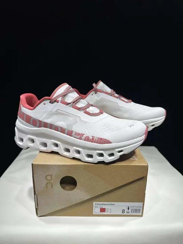On Cloudmonster White Pink Running Shoes 8