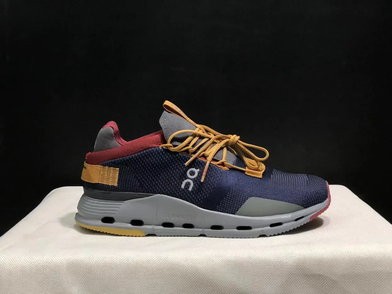 On Navy Burgundy Engineered Knit Upper Hexagonal CloudTec Pods Sneakers 4