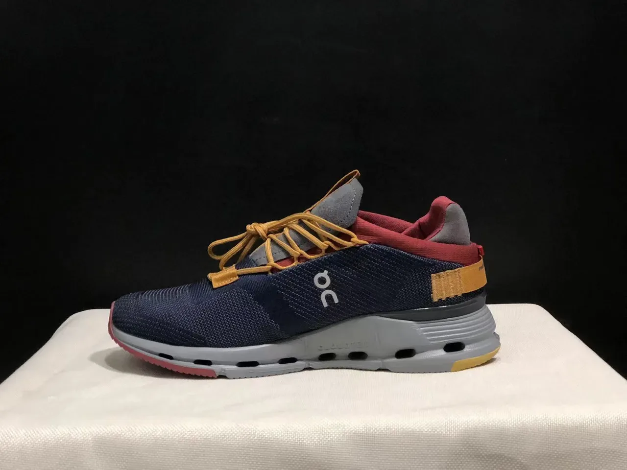 On Navy Burgundy Engineered Knit Upper Hexagonal CloudTec Pods Sneakers 7