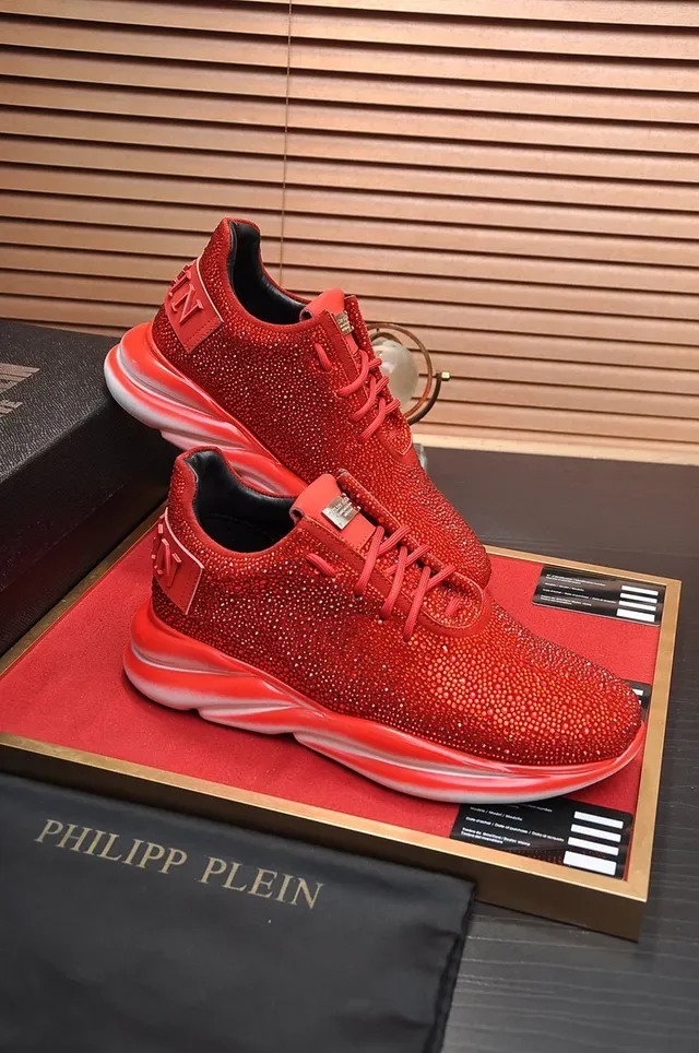 Philipp Plein Active Sneakers Chunky Semelle Sculptée Ornée de Cristaux Rouge Blanc 5