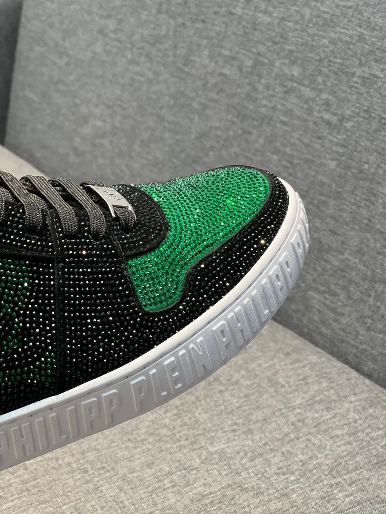 Philipp Plein Tênis Lifestyle Preto e Verde de Topo Alto com Cristais 3