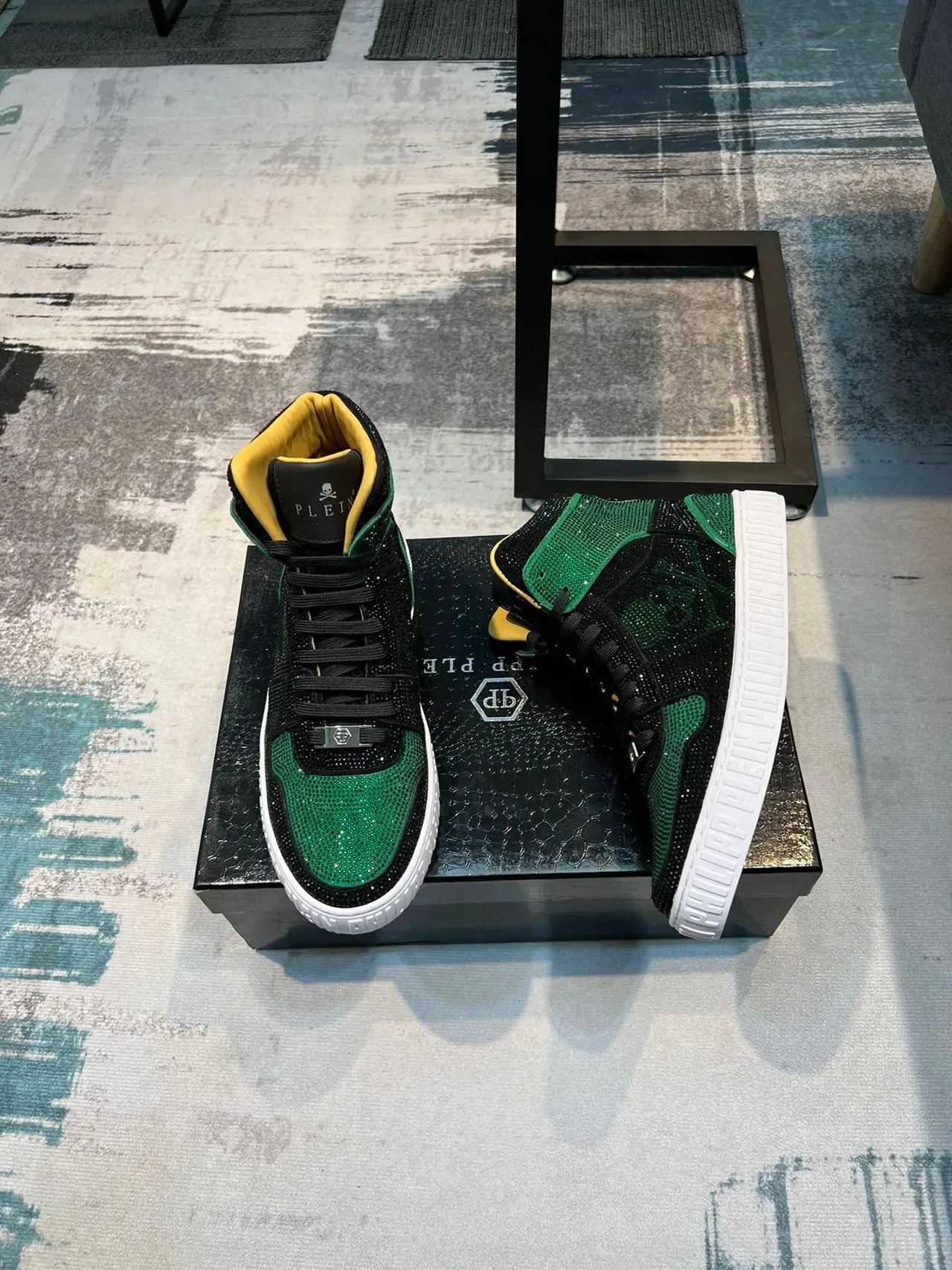 Philipp Plein Tênis Lifestyle Preto e Verde de Topo Alto com Cristais 4