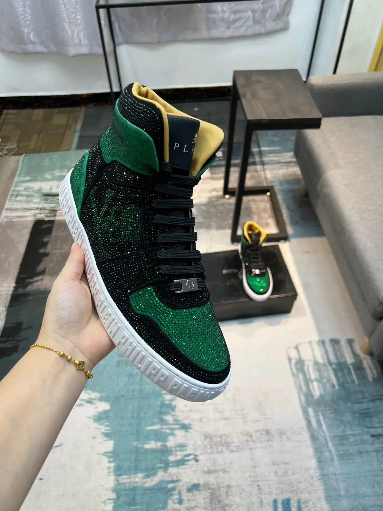 Philipp Plein Tênis Lifestyle Preto e Verde de Topo Alto com Cristais 6