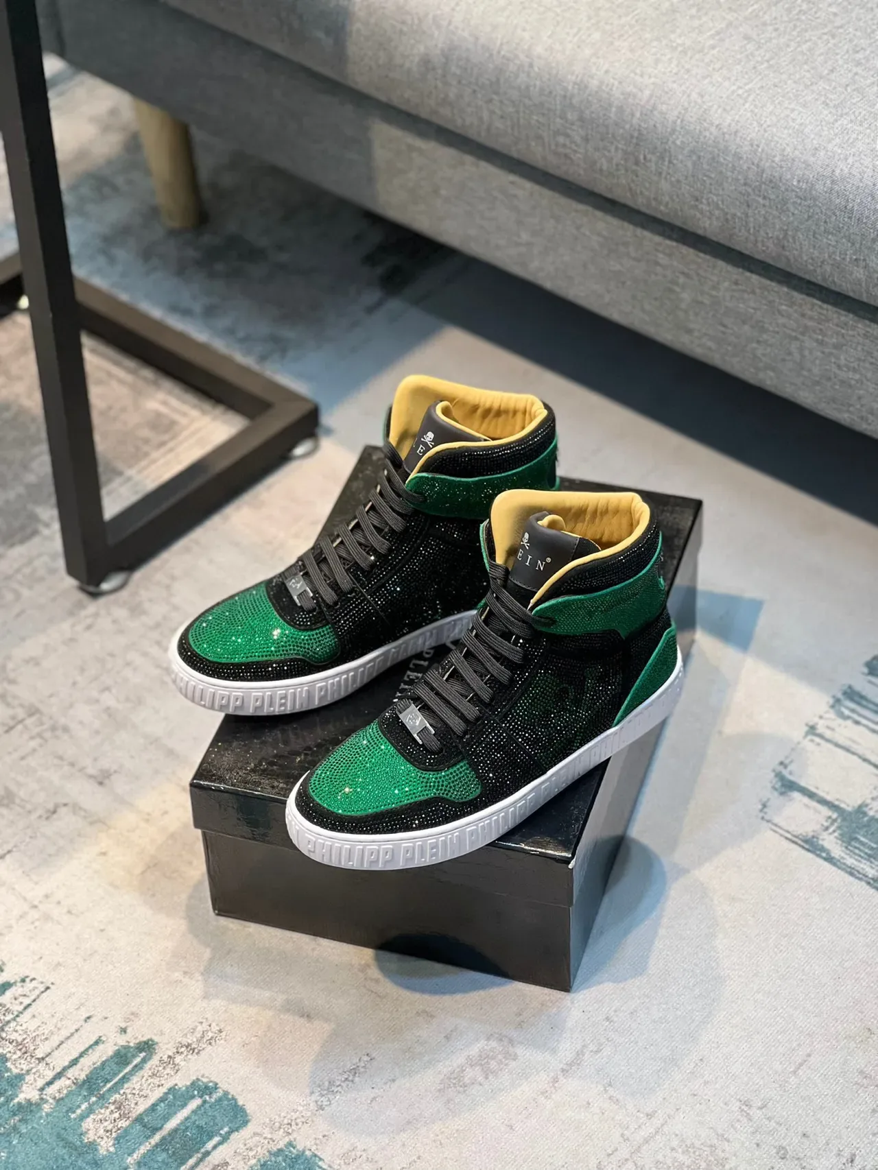 Philipp Plein Tênis Lifestyle Preto e Verde de Topo Alto com Cristais 7
