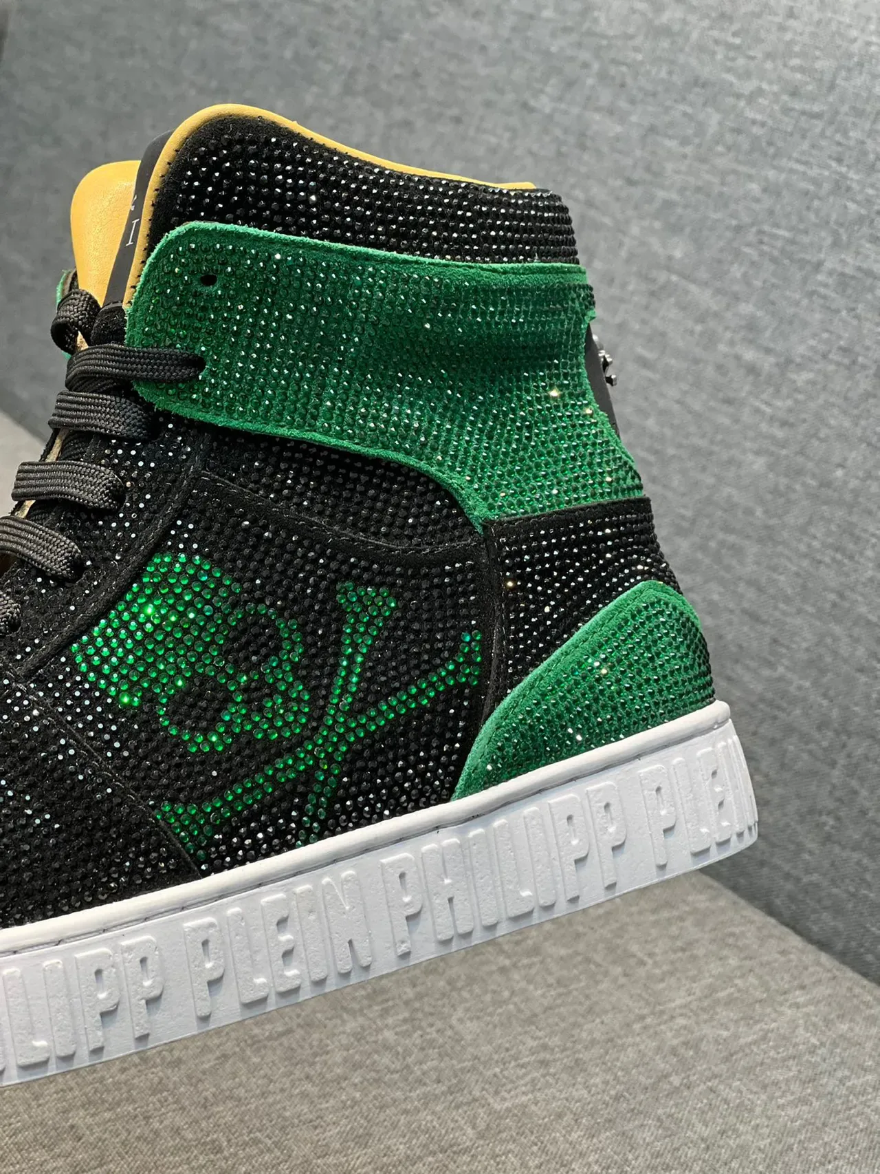 Philipp Plein Tênis Lifestyle Preto e Verde de Topo Alto com Cristais 8