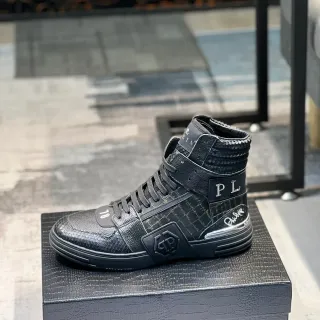 Philipp Plein काला चाँदी हाई-टॉप क्रोकोडाइल-इम्बॉस्ड लेदर लाइफस्टाइल स्नीकर्स
