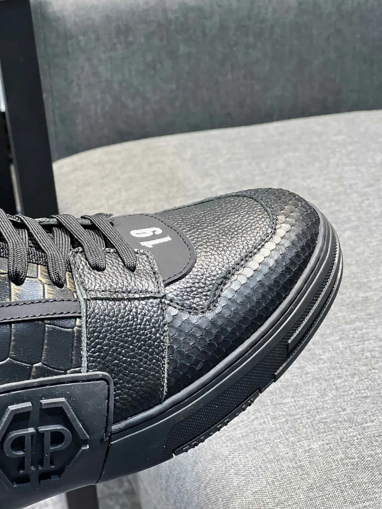 Philipp Plein Noir Argent Cuir Crocodile Embossé Hautes Lifestyle Sneakers 3