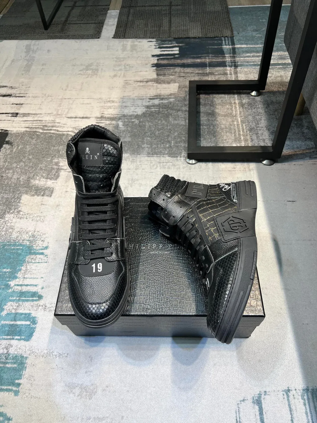 Philipp Plein Noir Argent Cuir Crocodile Embossé Hautes Lifestyle Sneakers 4