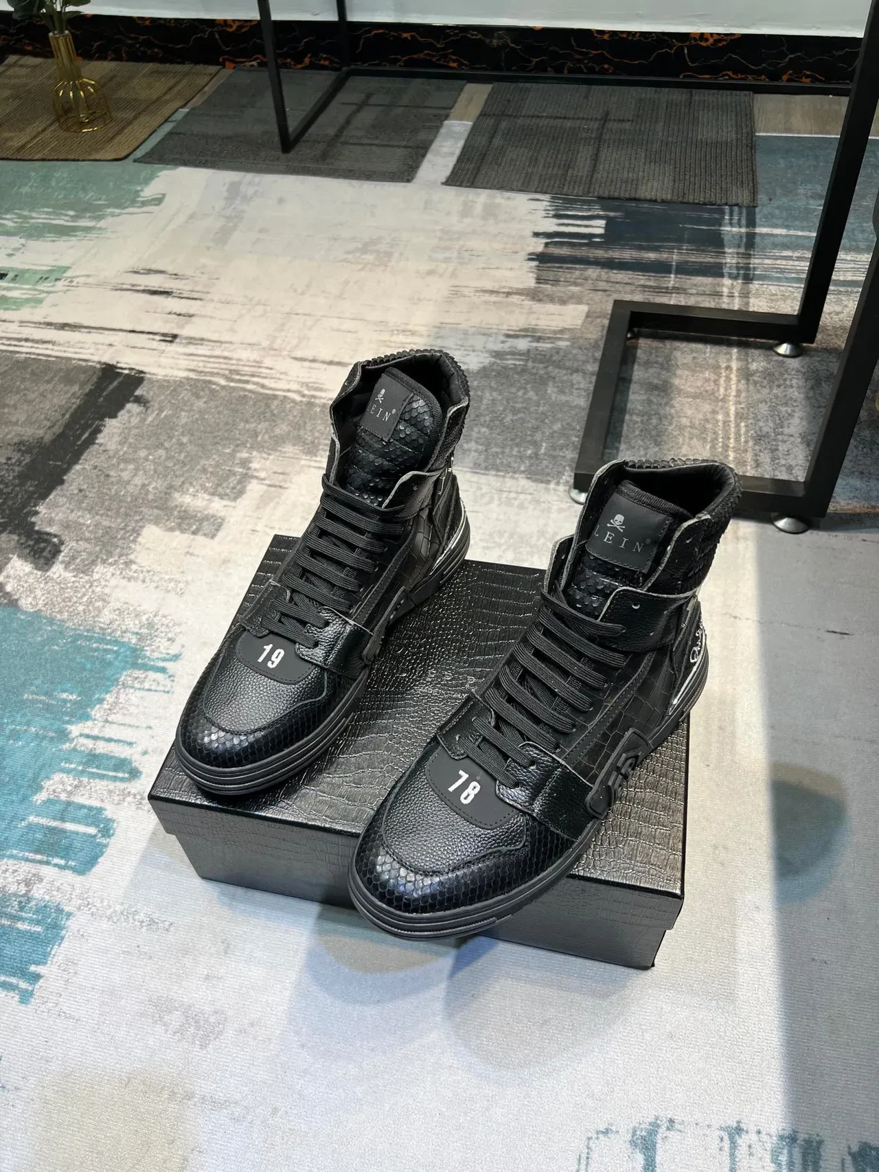 Philipp Plein Noir Argent Cuir Crocodile Embossé Hautes Lifestyle Sneakers 5