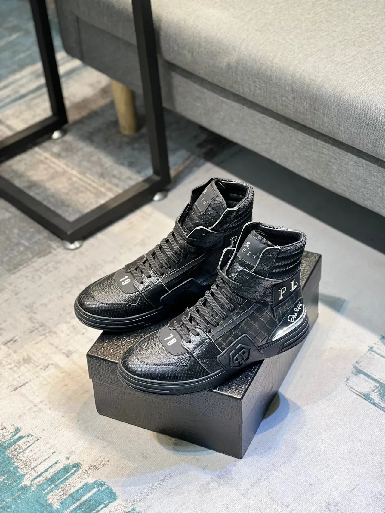 Philipp Plein Noir Argent Cuir Crocodile Embossé Hautes Lifestyle Sneakers 7