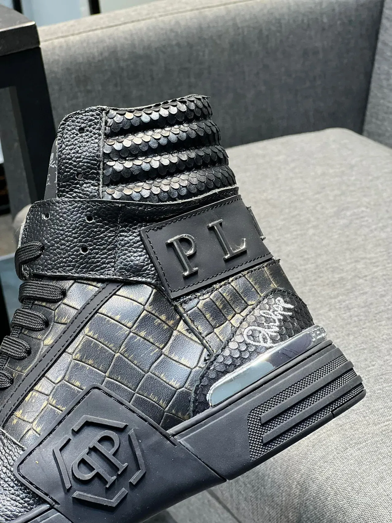 Philipp Plein Noir Argent Cuir Crocodile Embossé Hautes Lifestyle Sneakers 8