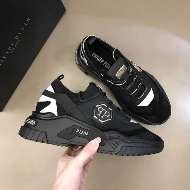 Philipp Plein Tênis pretos e brancos com upper de malha, sola esculpida e sola chunky 3