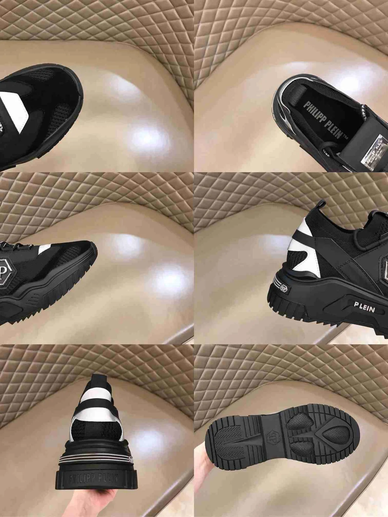 Philipp Plein Tênis pretos e brancos com upper de malha, sola esculpida e sola chunky 7