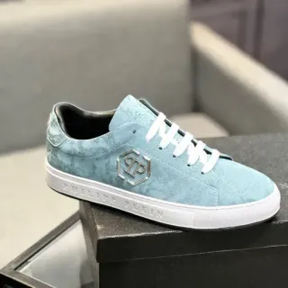 Philipp Plein Blue White Low-Top Textured Floral-Patterned Upper Lifestyle Sneakers