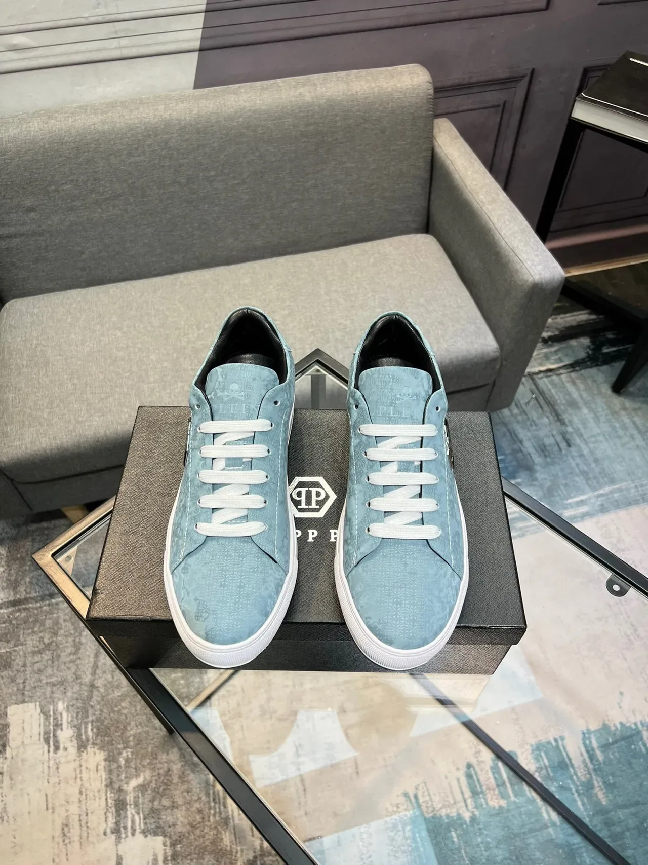 Philipp Plein Sneakers Lifestyle Bleu Blanc Low-Top Texturées Motif Floral Partie Supérieure 2
