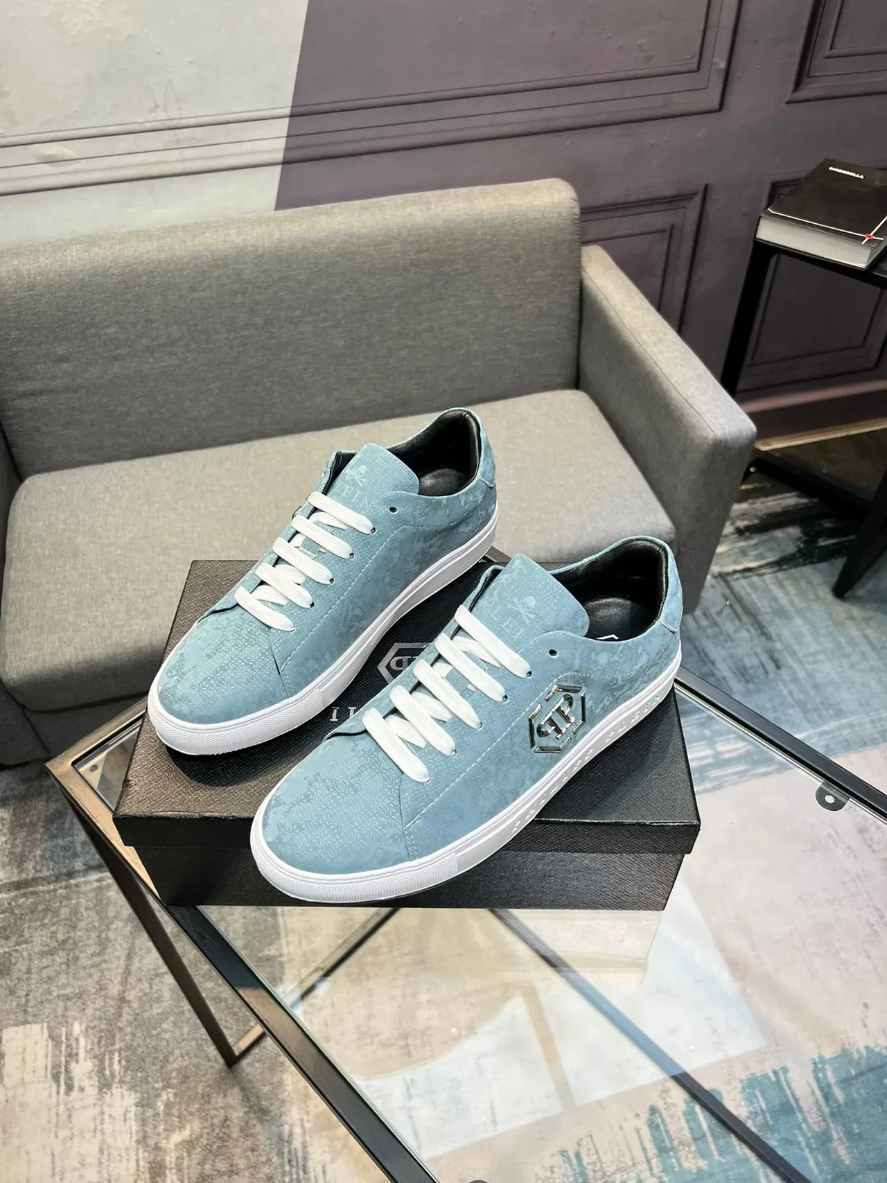 Philipp Plein Sneakers Lifestyle Bleu Blanc Low-Top Texturées Motif Floral Partie Supérieure 3