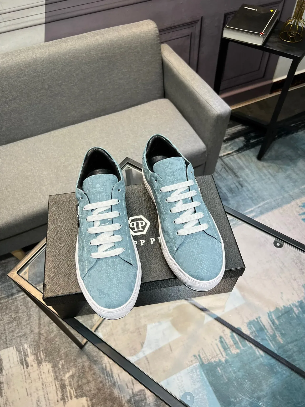 Philipp Plein Sneakers Lifestyle Bleu Blanc Low-Top Texturées Motif Floral Partie Supérieure 5
