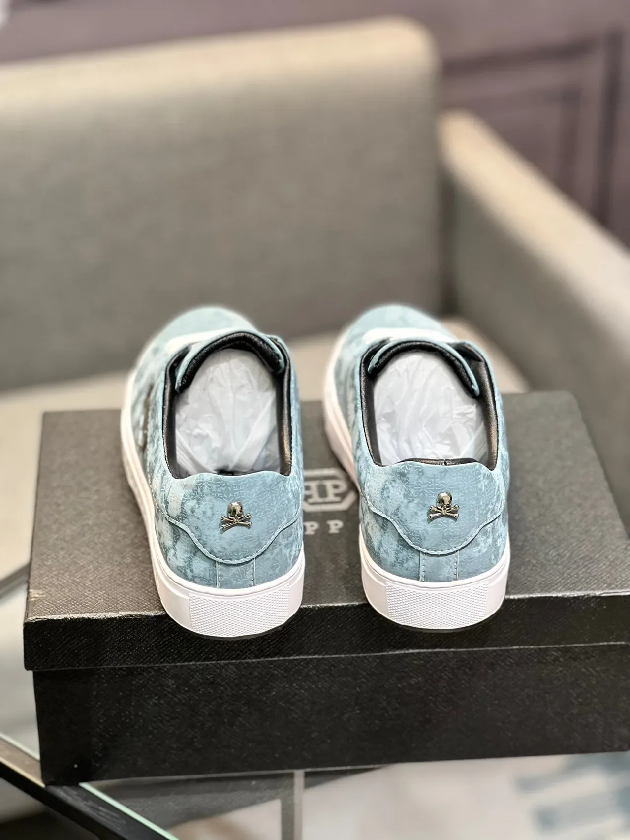 Philipp Plein Sneakers Lifestyle Bleu Blanc Low-Top Texturées Motif Floral Partie Supérieure 8