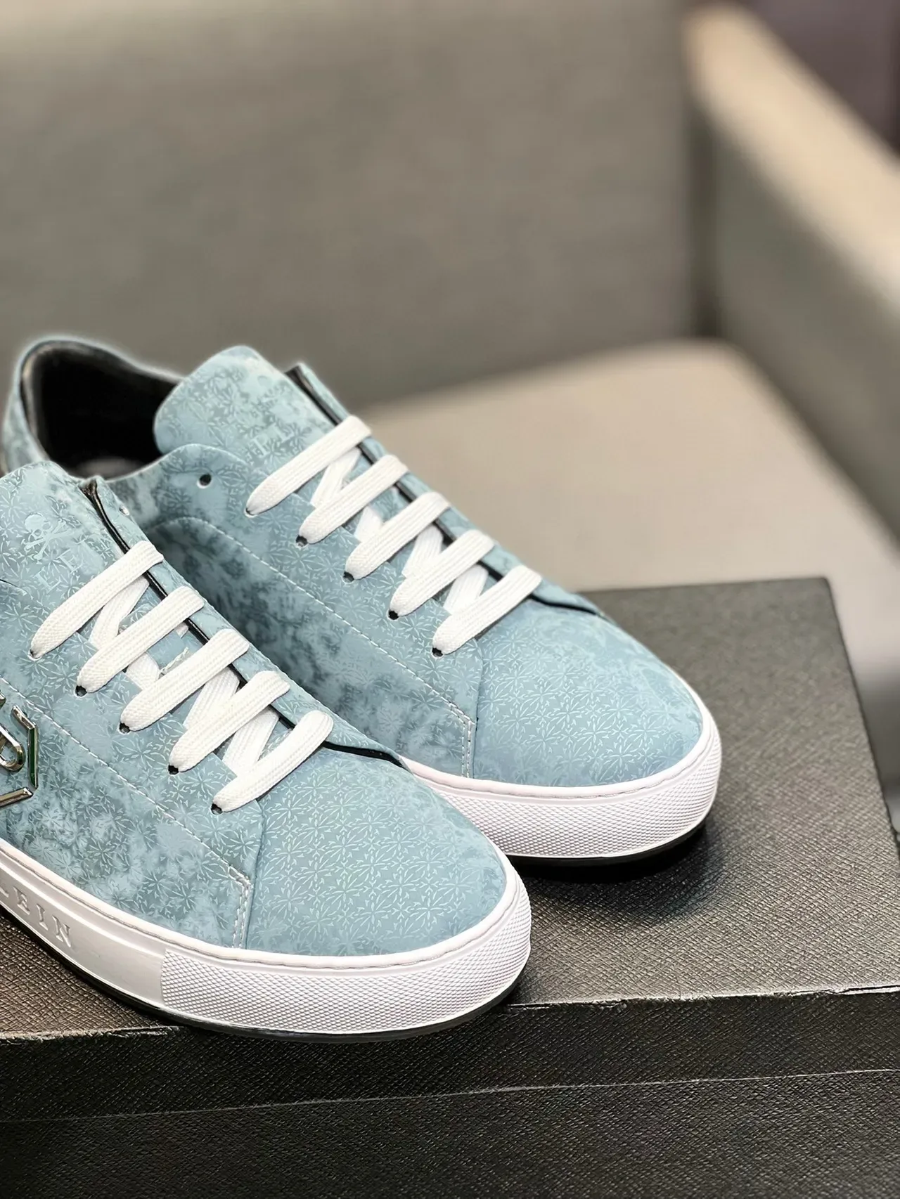 Philipp Plein Sneakers Lifestyle Bleu Blanc Low-Top Texturées Motif Floral Partie Supérieure 9