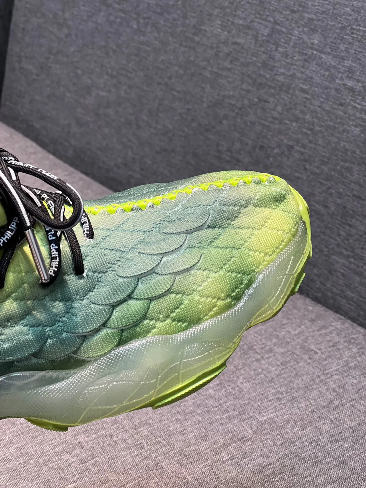 Philipp Plein Vert Noir Tricoté Texturé Écailles Haut Semelle Translucide Sneakers Chunky 3