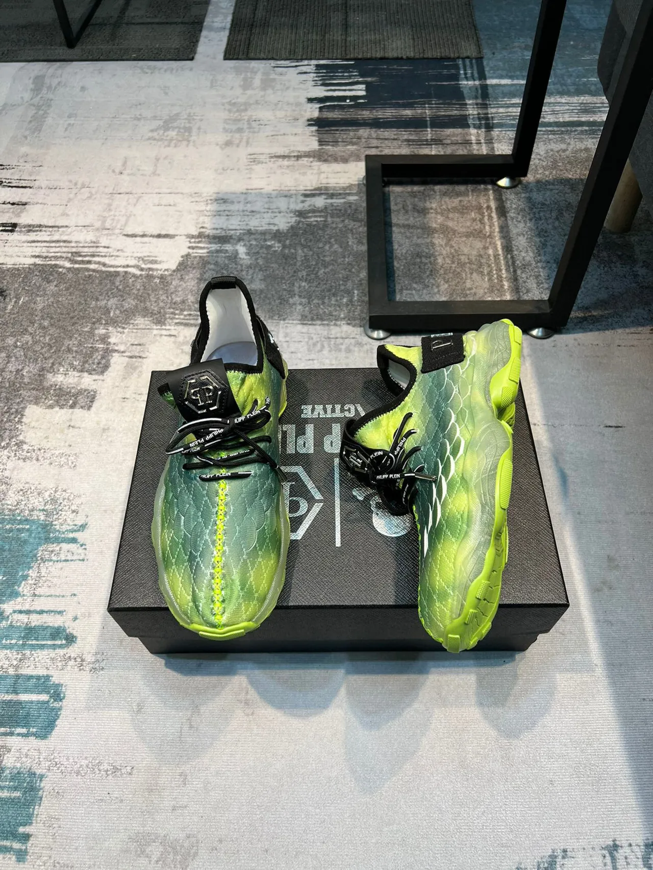 Philipp Plein Vert Noir Tricoté Texturé Écailles Haut Semelle Translucide Sneakers Chunky 4