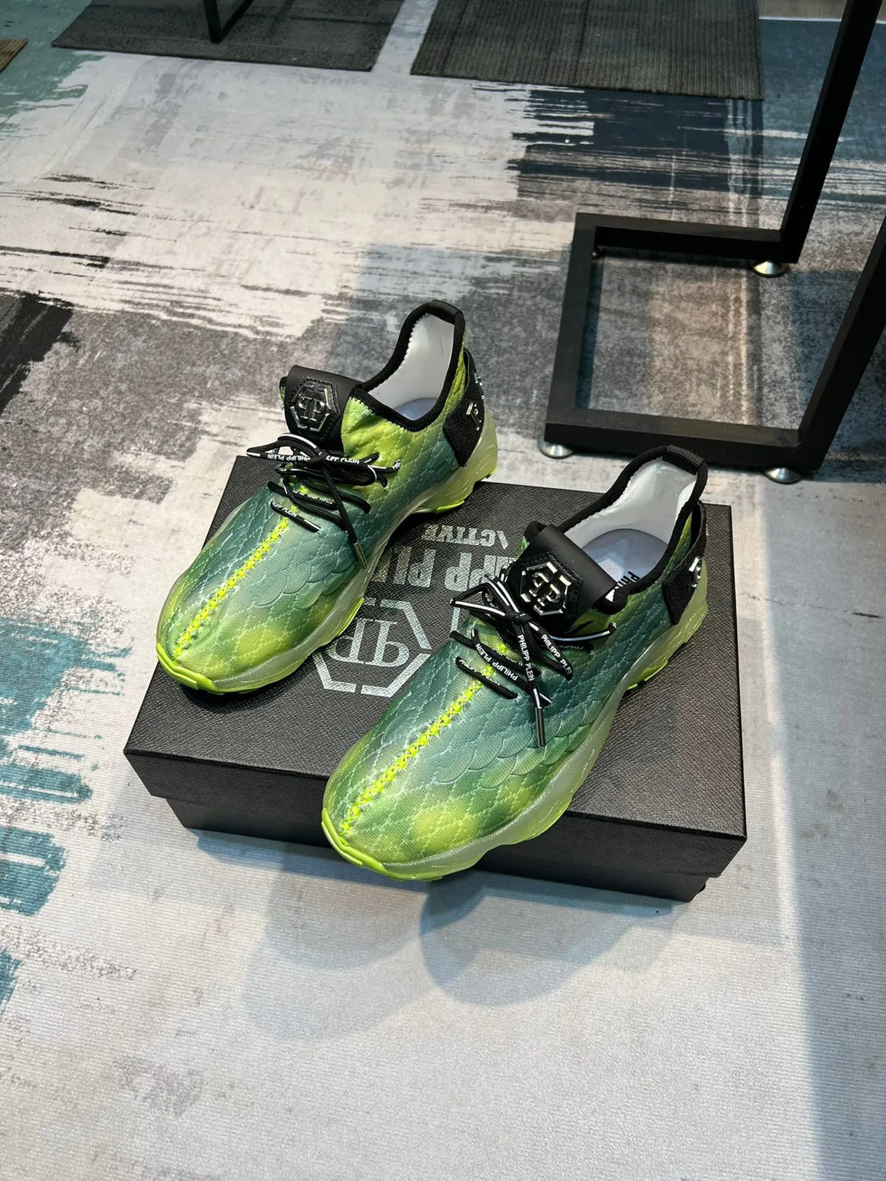 Philipp Plein Vert Noir Tricoté Texturé Écailles Haut Semelle Translucide Sneakers Chunky 5