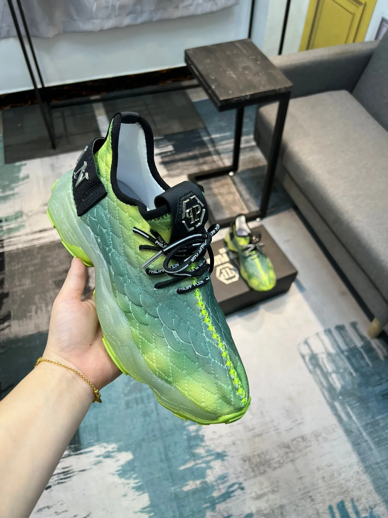 Philipp Plein Vert Noir Tricoté Texturé Écailles Haut Semelle Translucide Sneakers Chunky 6