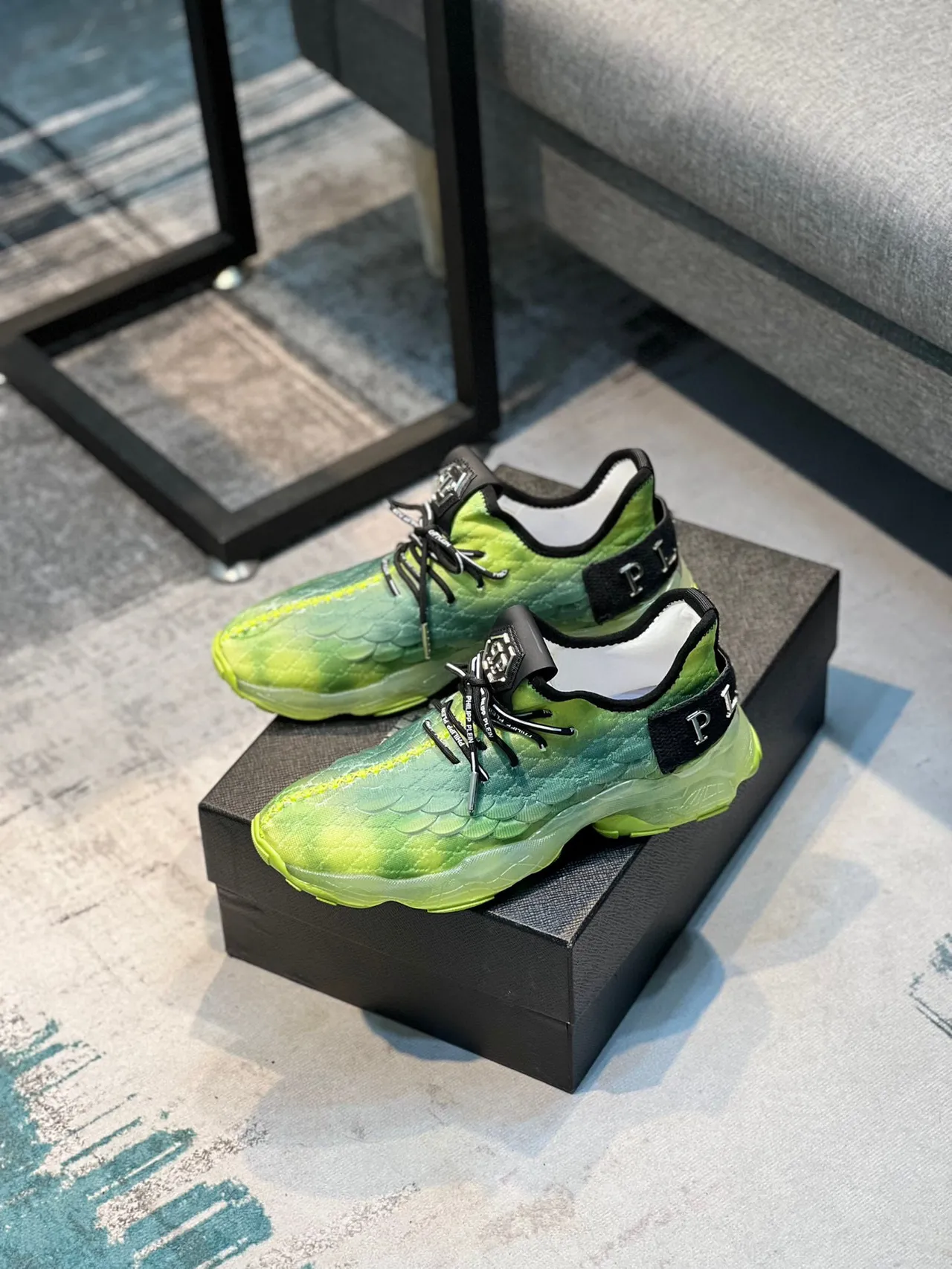 Philipp Plein Vert Noir Tricoté Texturé Écailles Haut Semelle Translucide Sneakers Chunky 7