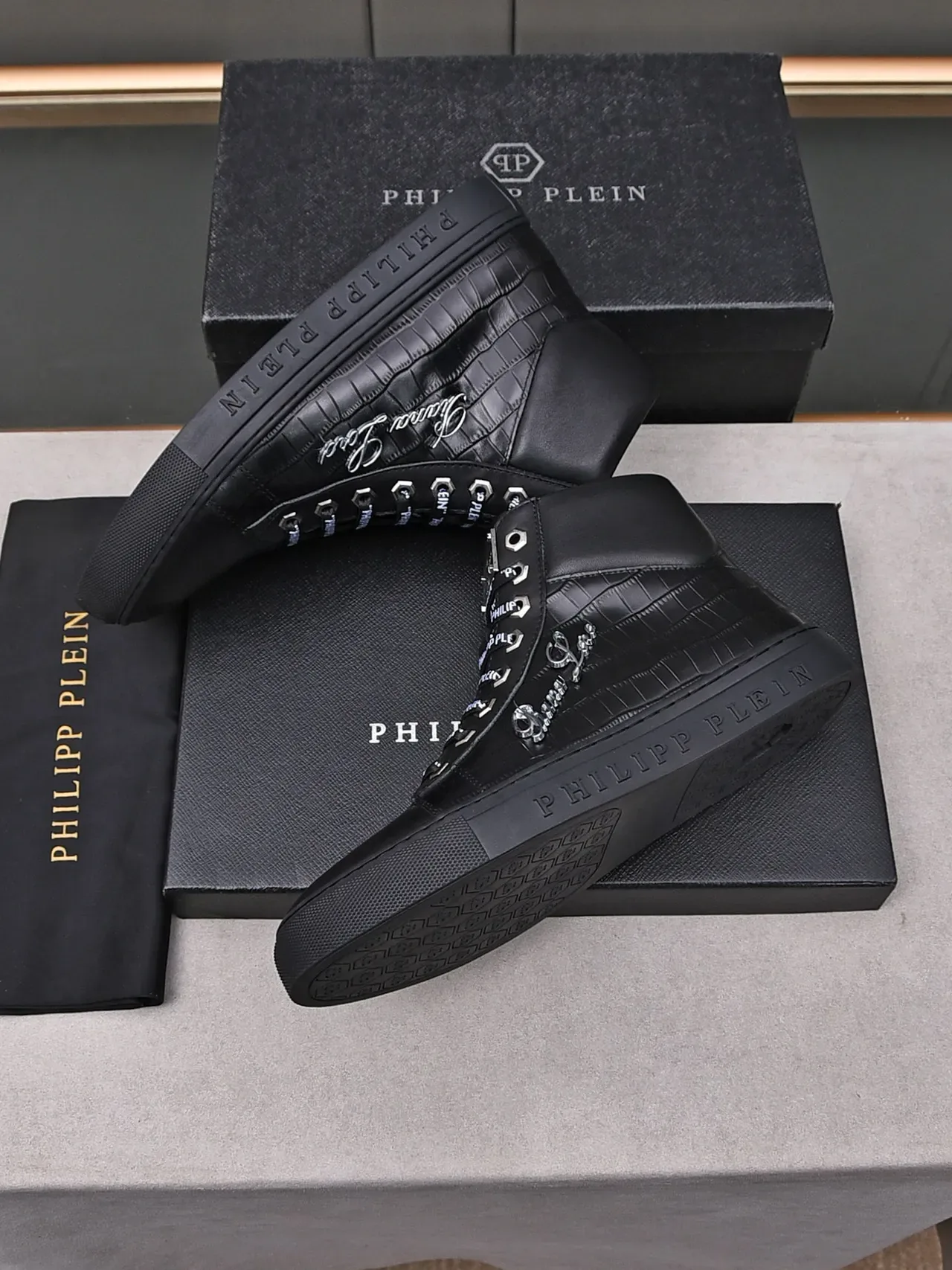 Philipp Plein Pleins Lord Sneakers Lifestyle Noires Croc-Embossed High-Top 3